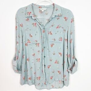 PINK ROSE BLUE ORANGE FLORAL LONG ROLL TAB SLEEVE BLOUSE WOMENS SZ MEDIUM